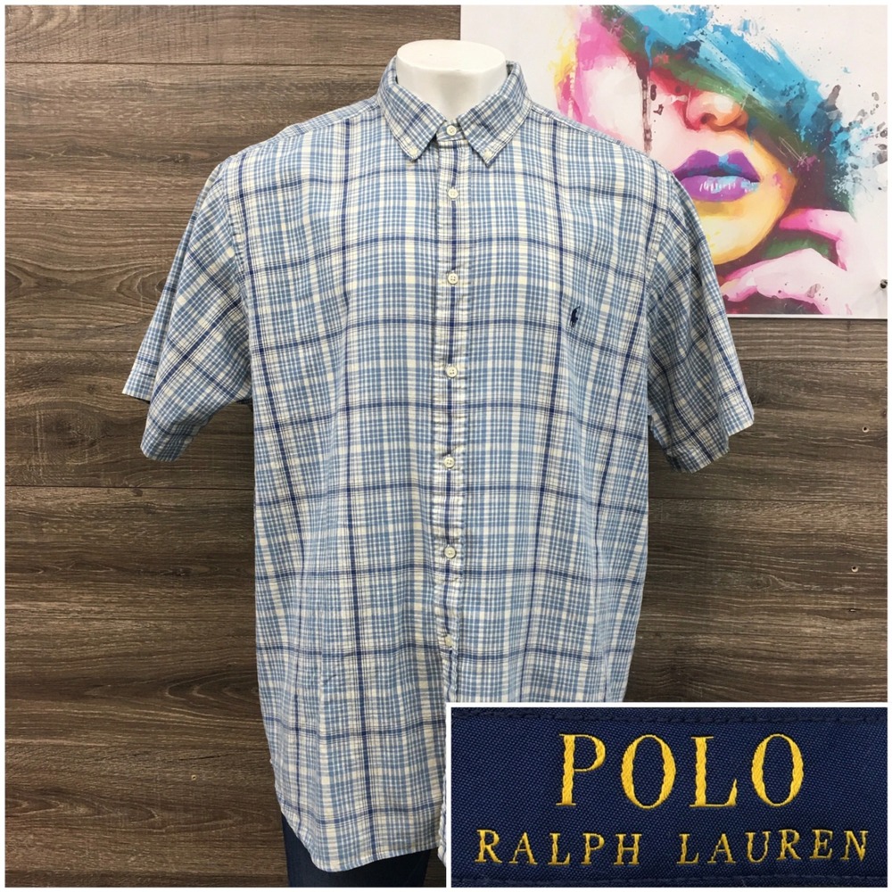 Polo Ralph Lauren Mens 3XB Blue White Plaid Linen Cotton Short Sleeve Shirt